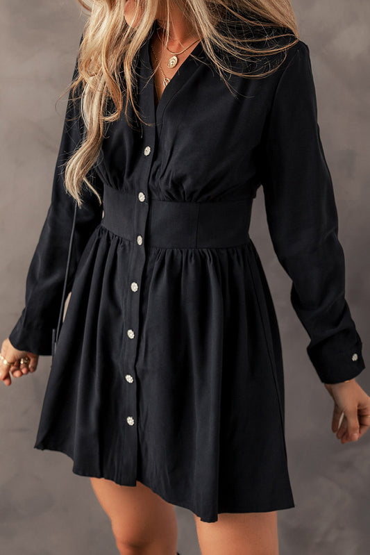Black Elastic Cinched High Waist Long Sleeve Shirt Mini Dress Mini Dresses JT's Designer Fashion