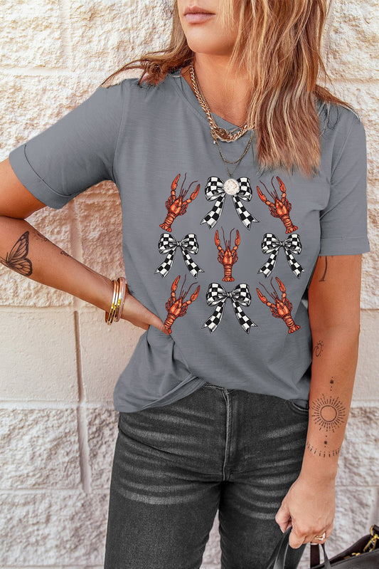 Gray Checkered Bow Crawfish Printed Summer Tee Graphic Tees JT's Designer Fashion
