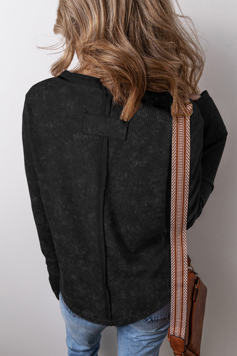 Black Acid Wash Waffle Knit Buttoned Neckline Long Sleeve Top Long Sleeve Tops JT's Designer Fashion
