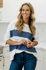 Sail Blue Colorblock Striped Patchwork Raw Seamed Sweatshirt Sweatshirts & Hoodies JT's Designer Fashion