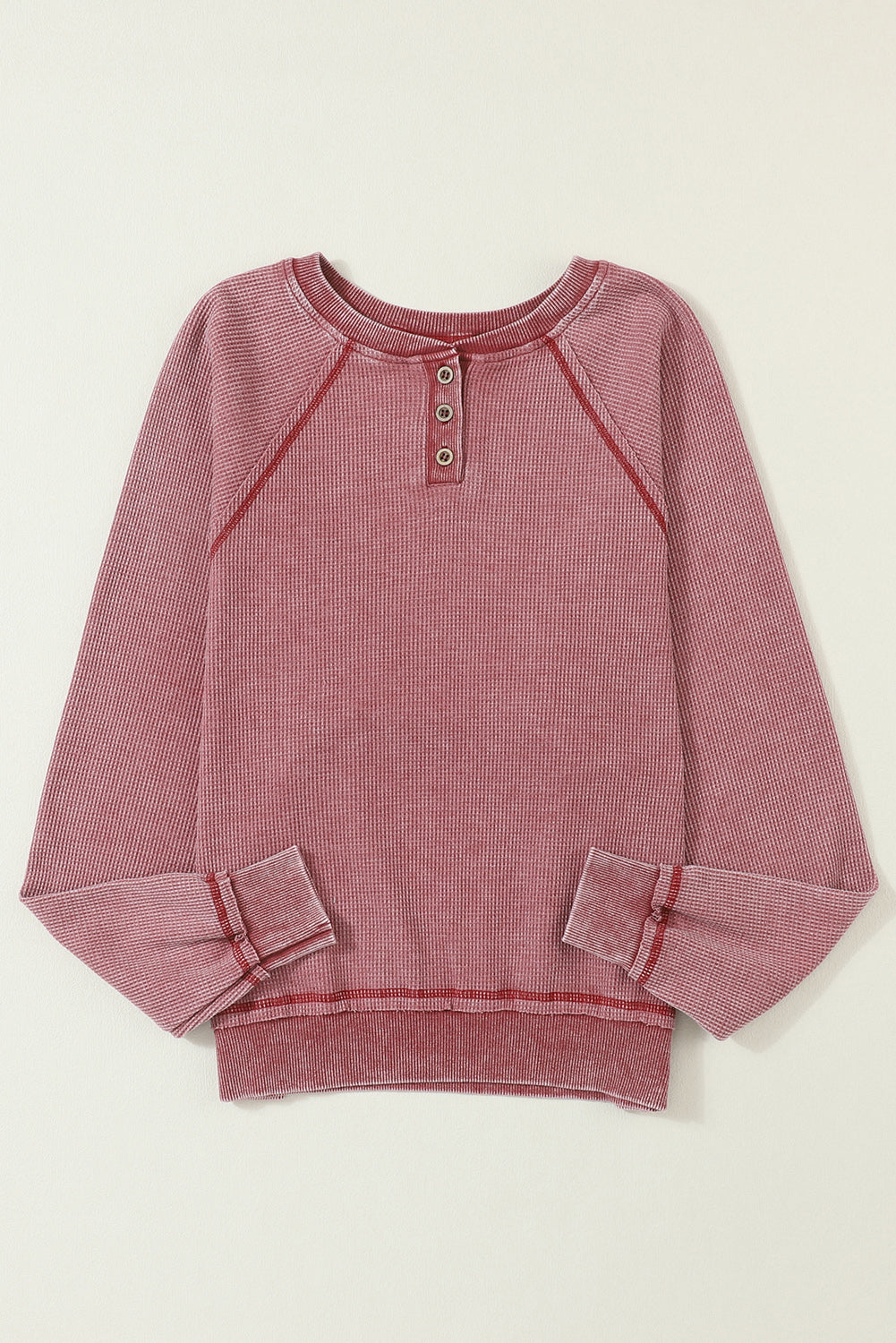 Fiery Red Waffle Knit Raglan Sleeve Henley Sweatshirt Sweatshirts & Hoodies JT's Designer Fashion