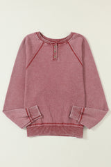 Fiery Red Waffle Knit Raglan Sleeve Henley Sweatshirt Sweatshirts & Hoodies JT's Designer Fashion