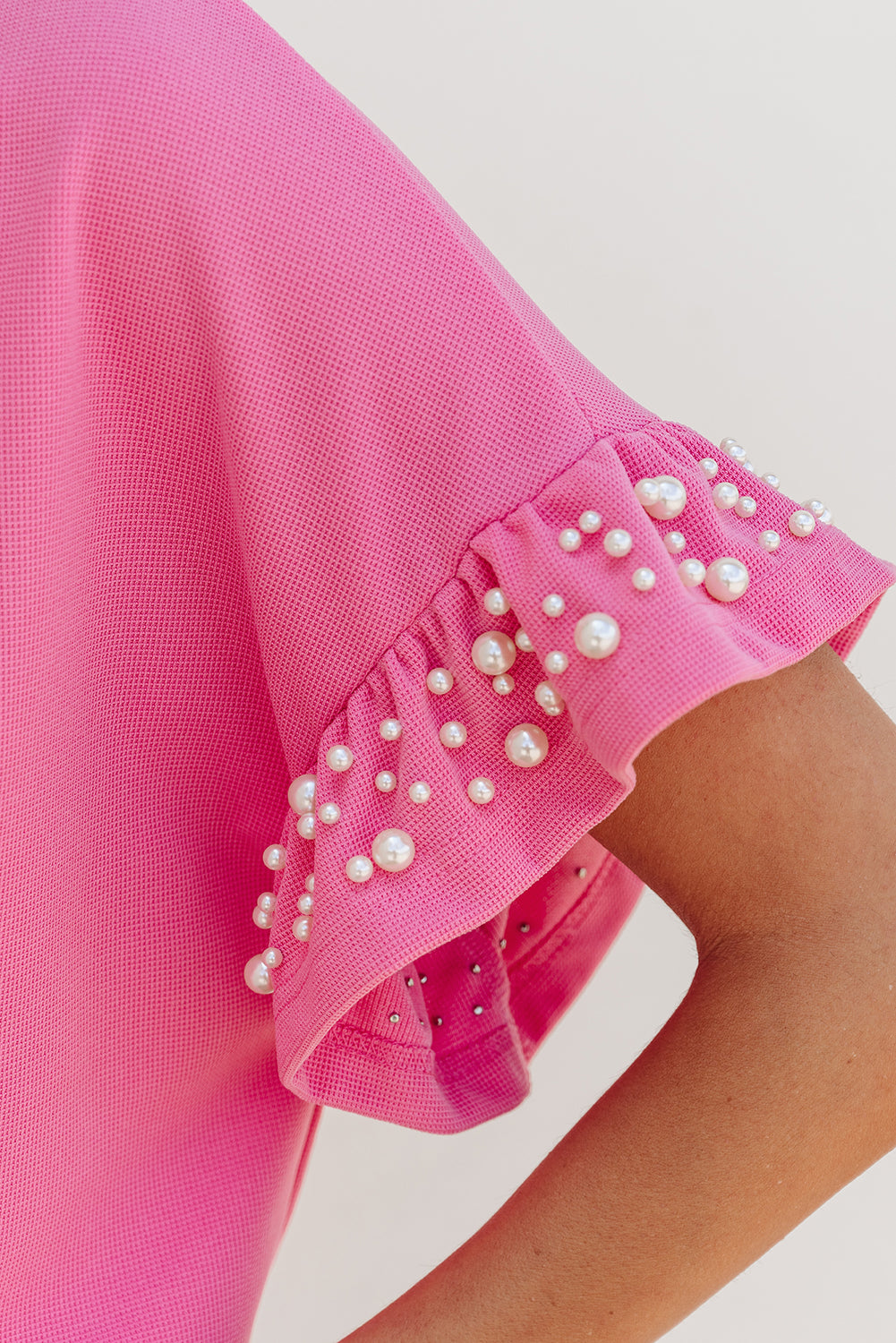 Bright Pink Textured Pearled Ruffle Sleeve Top 2 Piece Shorts Set Short Sets JT's Designer Fashion