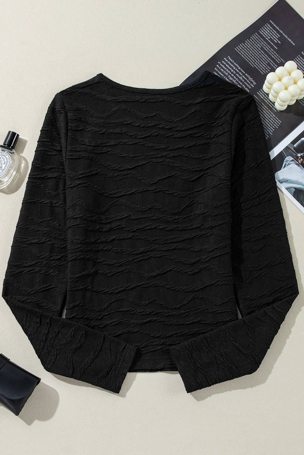 Black Solid Wavy Textured Slim Fit Long Sleeve T Shirt Long Sleeve Tops JT's Designer Fashion