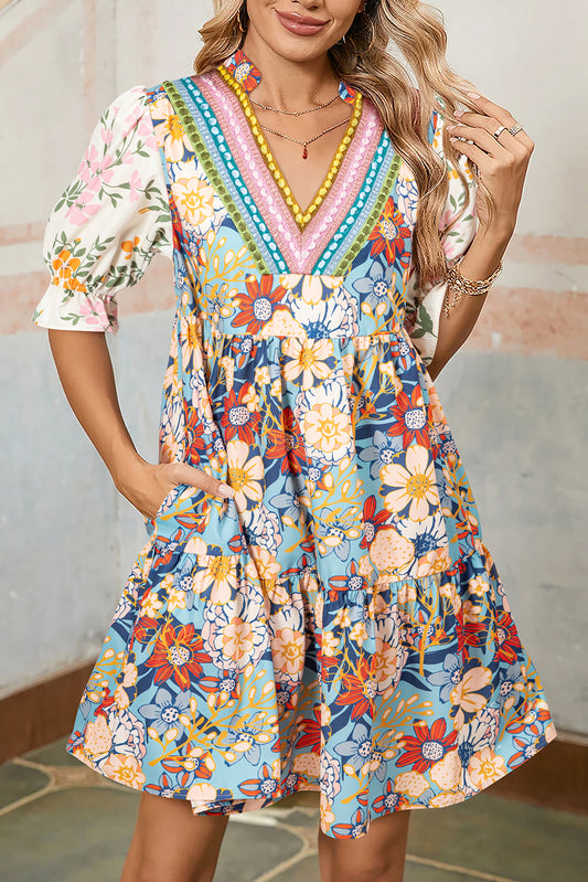 Multicolour Boho Floral Print Crochet Patchwork V Neck Loose Mini Dress Mini Dresses JT's Designer Fashion