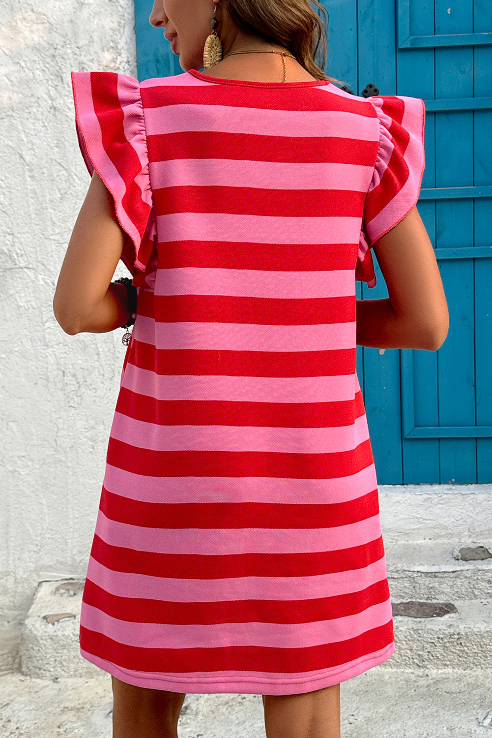 Red Stripe Flutter Sleeve Round Neck Shift Dress Mini Dresses JT's Designer Fashion