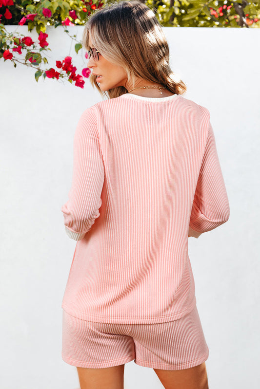 Pink Corded Colorblock Long Sleeve Top and Shorts Set Short Sets JT's Designer Fashion
