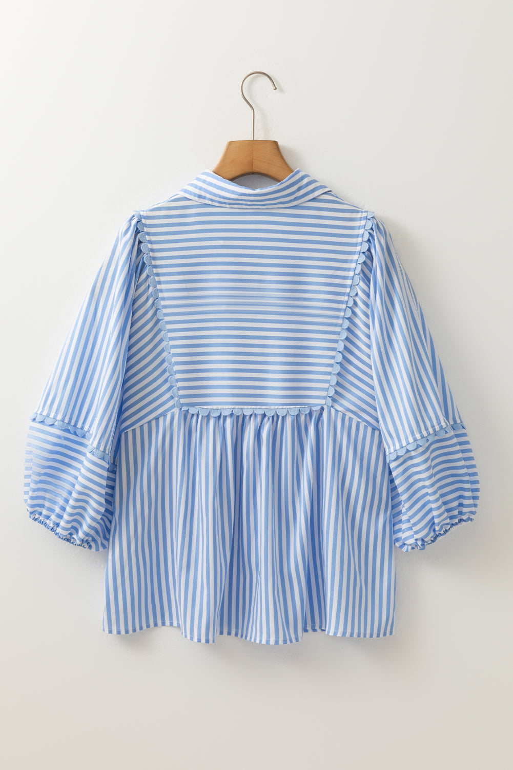 Sky Blue Stripe Shirt Collar V Neck Ricrac Trim 3/4 Puff Sleeve Blouse Blouses & Shirts JT's Designer Fashion