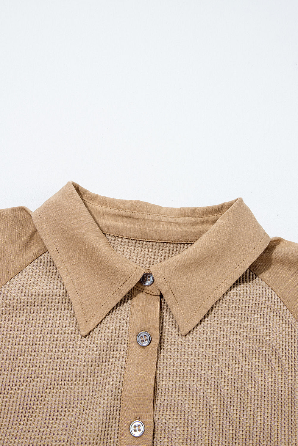 Light French Beige Waffle Patchwork Button Up Frayed Hem Shirt Blouses & Shirts JT's Designer Fashion