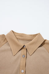 Light French Beige Waffle Patchwork Button Up Frayed Hem Shirt Blouses & Shirts JT's Designer Fashion