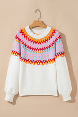 White Ethnic Geometric Colorblock Print Drop Shoulder Sweater Sweaters JT's Designer Fashion
