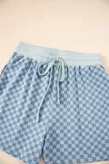 Sky Blue Checkerboard Long Sleeve Pullover and Shorts Set Short Sets JT's Designer Fashion