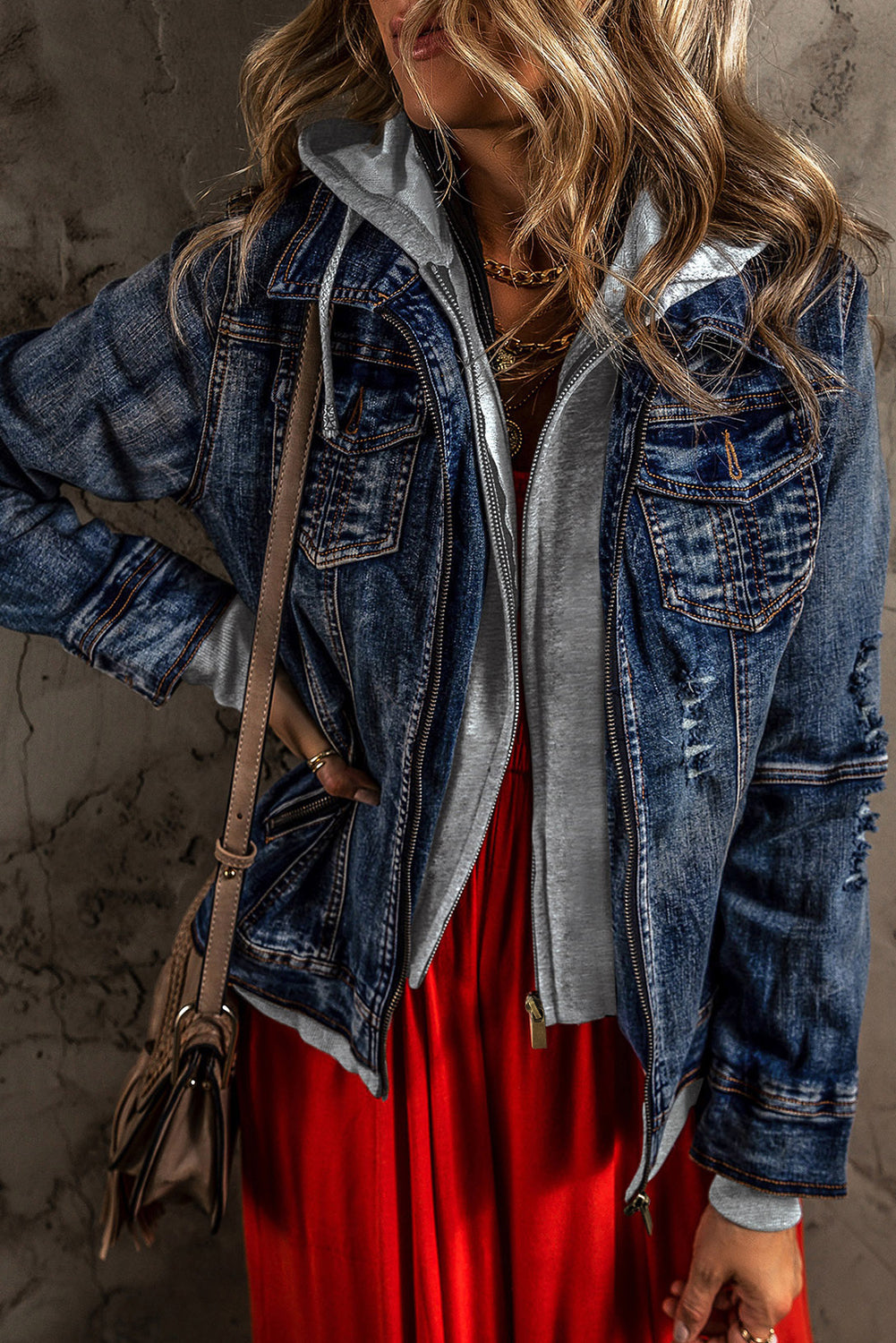 Dark Blue Fake Two-Piece Hooded Zip-Up Denim Jacket Dark Blue 75%Cotton+12.7%Polyester+12.3%Viscose Denim Jackets JT's Designer Fashion