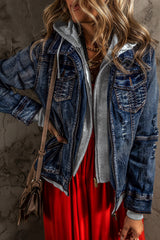 Dark Blue Fake Two-Piece Hooded Zip-Up Denim Jacket Dark Blue 75%Cotton+12.7%Polyester+12.3%Viscose Denim Jackets JT's Designer Fashion
