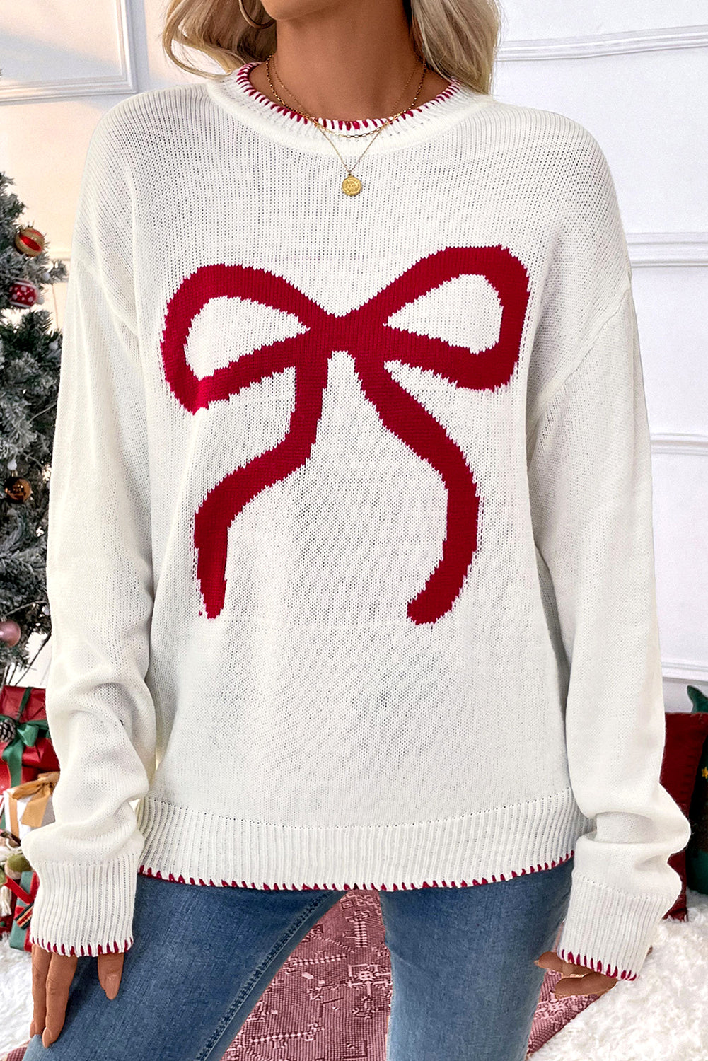 White Bow Pattern Contrast Trim Christmas Loose Graphic Sweater Sweaters JT's Designer Fashion