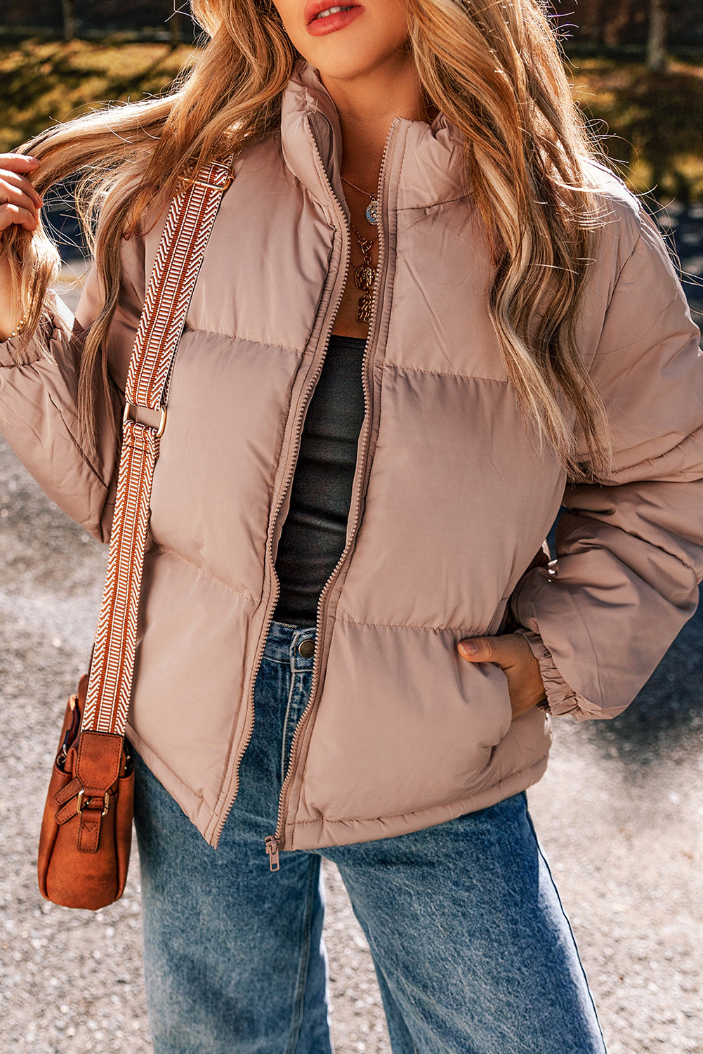 Apricot Pink Full Zipper Quilted Puffer Jacket Jackets JT's Designer Fashion