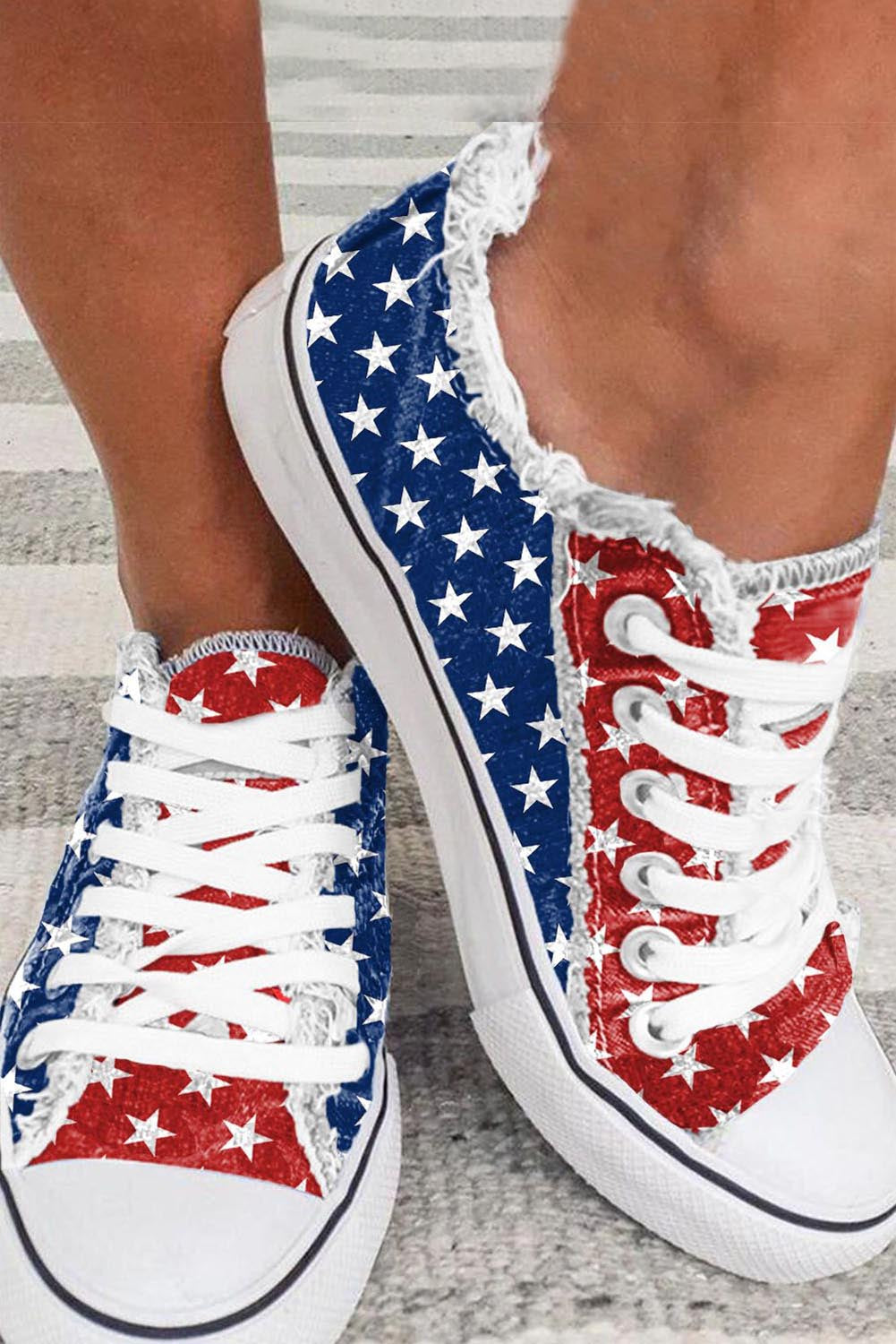 Multicolor American Flag Stars Printed Frayed Detail Lace-up Shoes Multicolor 100%PVC Plastic Women's Shoes JT's Designer Fashion