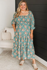 Green Plus Size Floral Print Square Neck Smocked Maxi Dress Plus Size Maxi Dresses JT's Designer Fashion