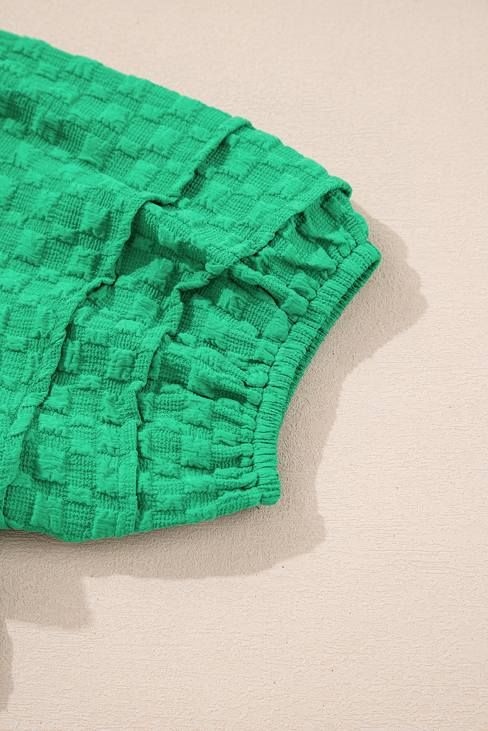 Bright Green Textured Puff Short Sleeve Notched V Neck Top Blouses & Shirts JT's Designer Fashion