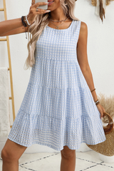Light Blue Plaid Tiered A-line Sleeveless Mini Sundress Mini Dresses JT's Designer Fashion