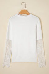 Beige Lace Sleeve Patchwork Faux Two-piece Fuzzy Sweater Sweaters JT's Designer Fashion