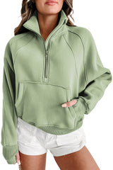 Smoke Green Fleece Lined Zip Up Stand Collar Thumbhole Sleeve Sweatshirt Sweatshirts & Hoodies JT's Designer Fashion