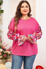 Bright Pink Floral Patchwork Flounce Sleeve Rib Knit Plus Top Plus Size Long Sleeve Tops JT's Designer Fashion