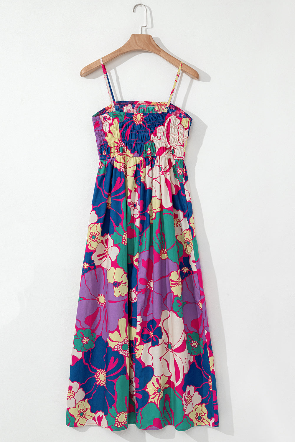 Purple Floral Print Shirred Spaghetti Strap Loose Long Dress Maxi Dresses JT's Designer Fashion