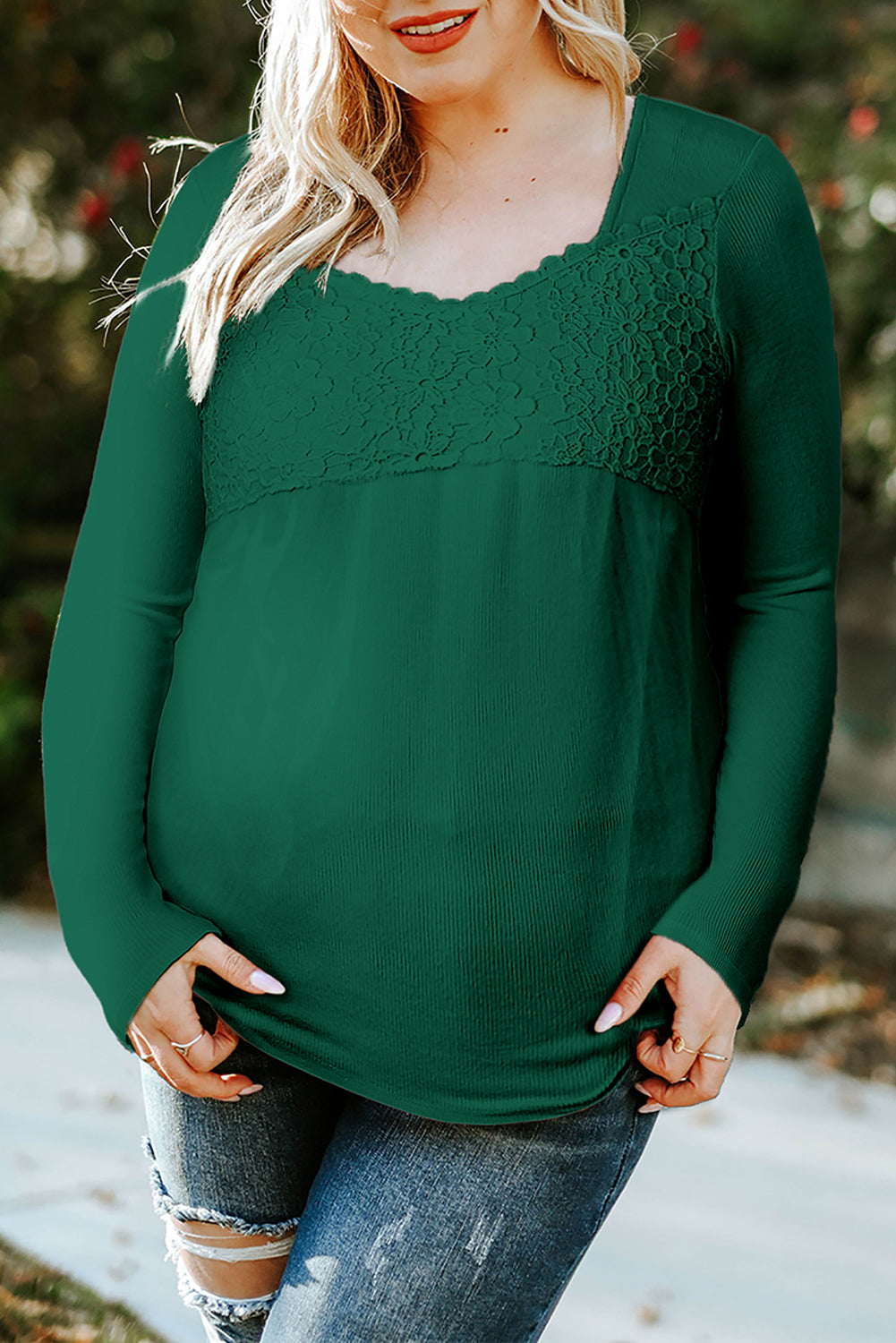 Green Lace Crochet V Neck Long Sleeve Top Long Sleeve Tops JT's Designer Fashion