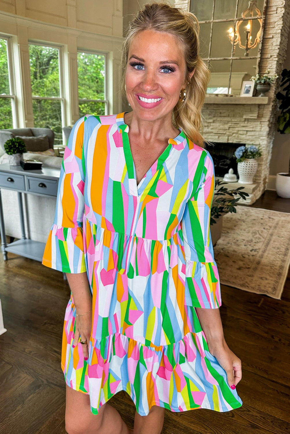 Green Abstract Print Ruffled Sleeve V Neck Dress Mini Dresses JT's Designer Fashion