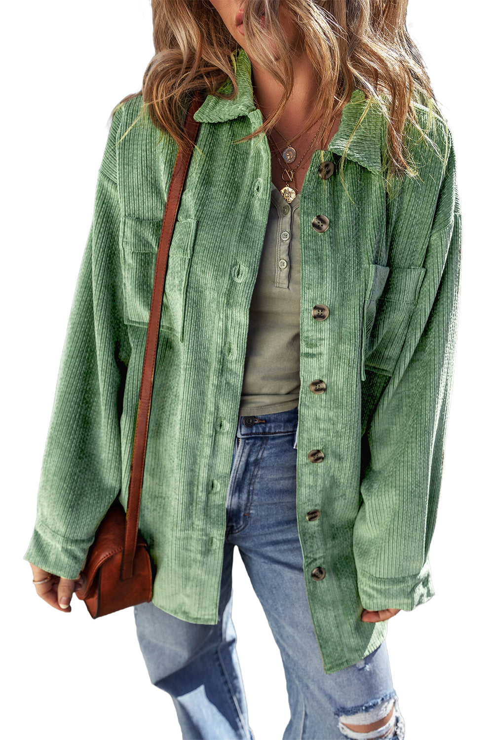 Mist Green Patched Pocket Button Up Corduroy Shacket Jackets JT's Designer Fashion