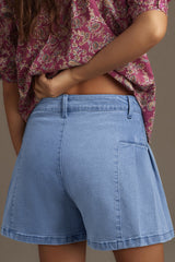 Dusk Blue Pleated Patchwork Wide Leg Lightweight Denim Shorts Denim Shorts JT's Designer Fashion