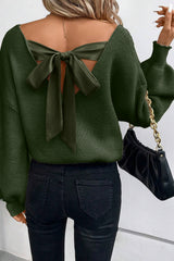 Jungle Green Lantern Sleeve V Neck Knot Back Sweater Jungle Green 50%Viscose+28%Polyester+22%Polyamide Sweaters JT's Designer Fashion