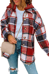Fiery Red Hooded Plaid Button Front Shacket Plaid Shackets JT's Designer Fashion