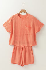 Pale Chestnut Textured Patched Pocket Short Sleeve Top Drawstring Shorts Set Short Sets JT's Designer Fashion