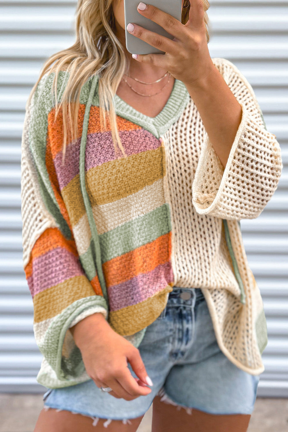 Beige Pointelle Knit Colorblock Patchwork V Neck Hooded Plus Sweater Plus Size Sweaters & Cardigans JT's Designer Fashion