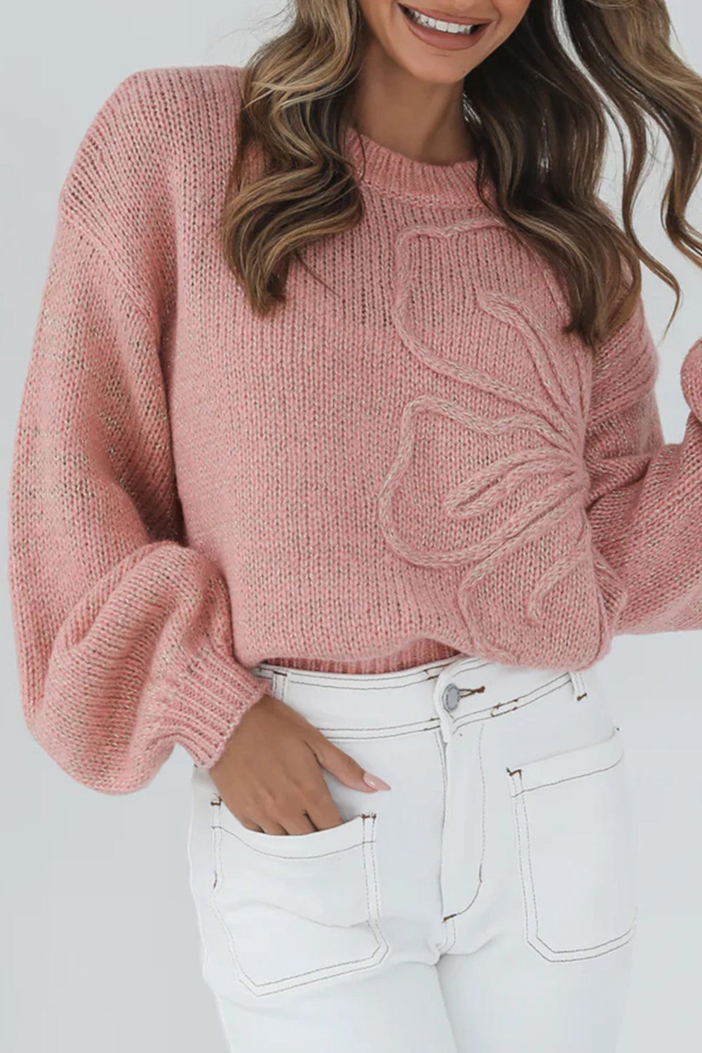 Peach Blossom Big Flower Accent Bubble Sleeve Drop Shoulder Sweater Peach Blossom 52%Viscose+26%Polyester+22%Polyamide Sweaters JT's Designer Fashion