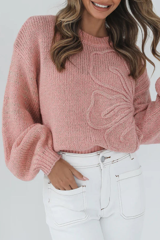 Peach Blossom Big Flower Accent Bubble Sleeve Drop Shoulder Sweater Peach Blossom 52%Viscose+26%Polyester+22%Polyamide Sweaters JT's Designer Fashion