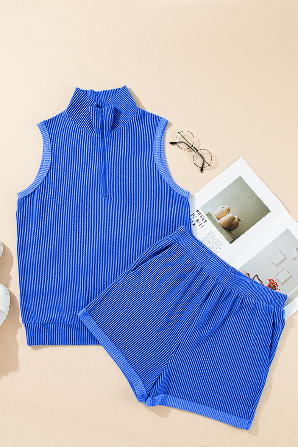 Sky Blue Corded Collared Half Zip Tank Top Two Piece Shorts Set Short Sets JT's Designer Fashion