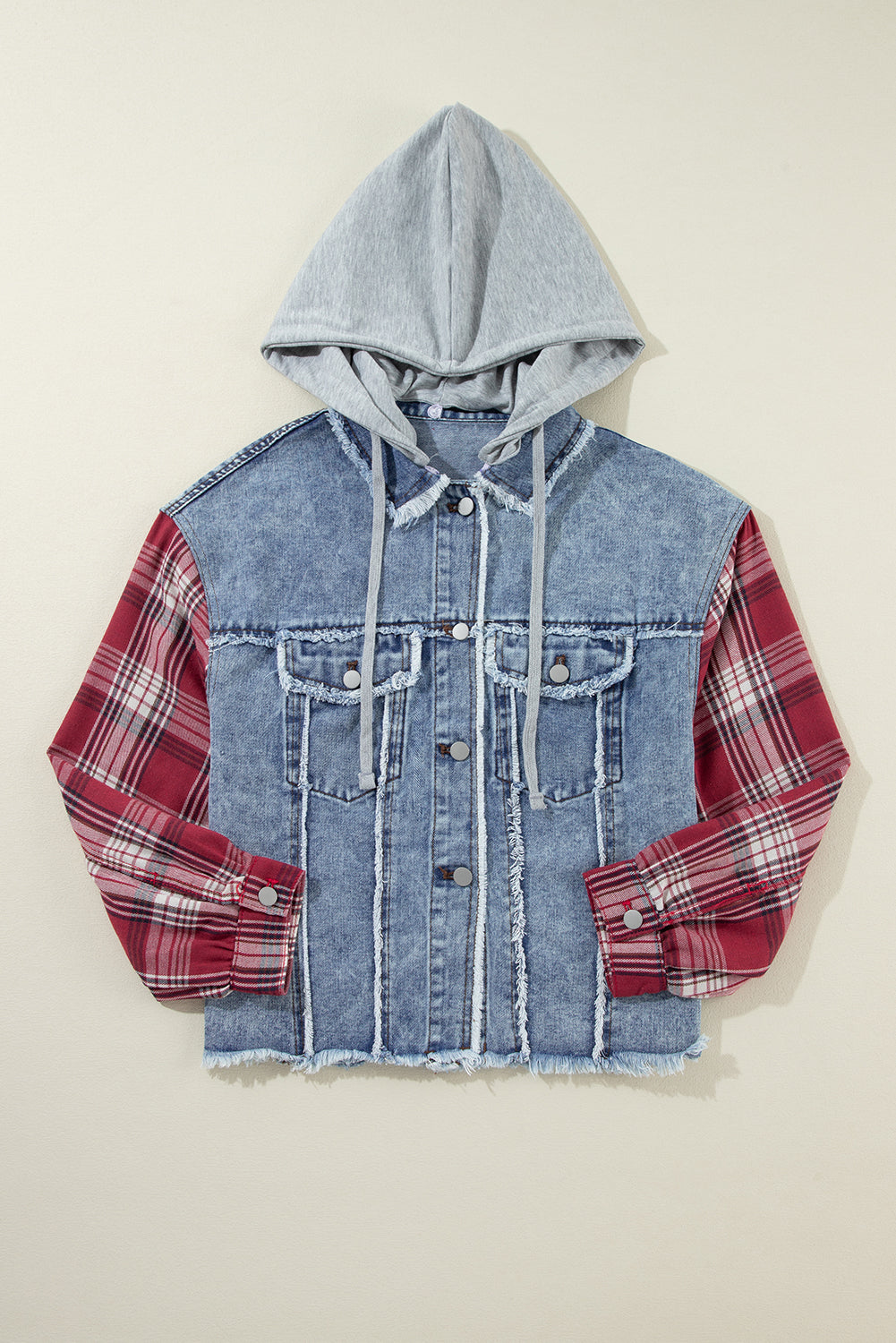 Beau Blue Plaid Print Patchwork Hooded Raw Hem Denim Jacket Denim Jackets JT's Designer Fashion