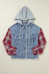 Beau Blue Plaid Print Patchwork Hooded Raw Hem Denim Jacket Denim Jackets JT's Designer Fashion