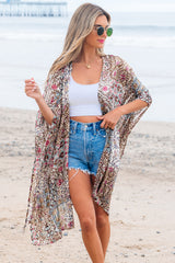 Apricot Floral Print Short Wide Sleeve Open Front Loose Kimono Kimonos JT's Designer Fashion