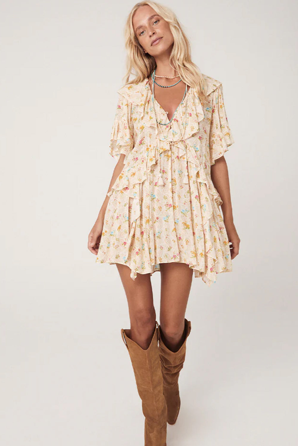 Apricot Boho Floral Tassel Tie V Neck Ruffle Wide Sleeve Mini Dress Floral Dresses JT's Designer Fashion