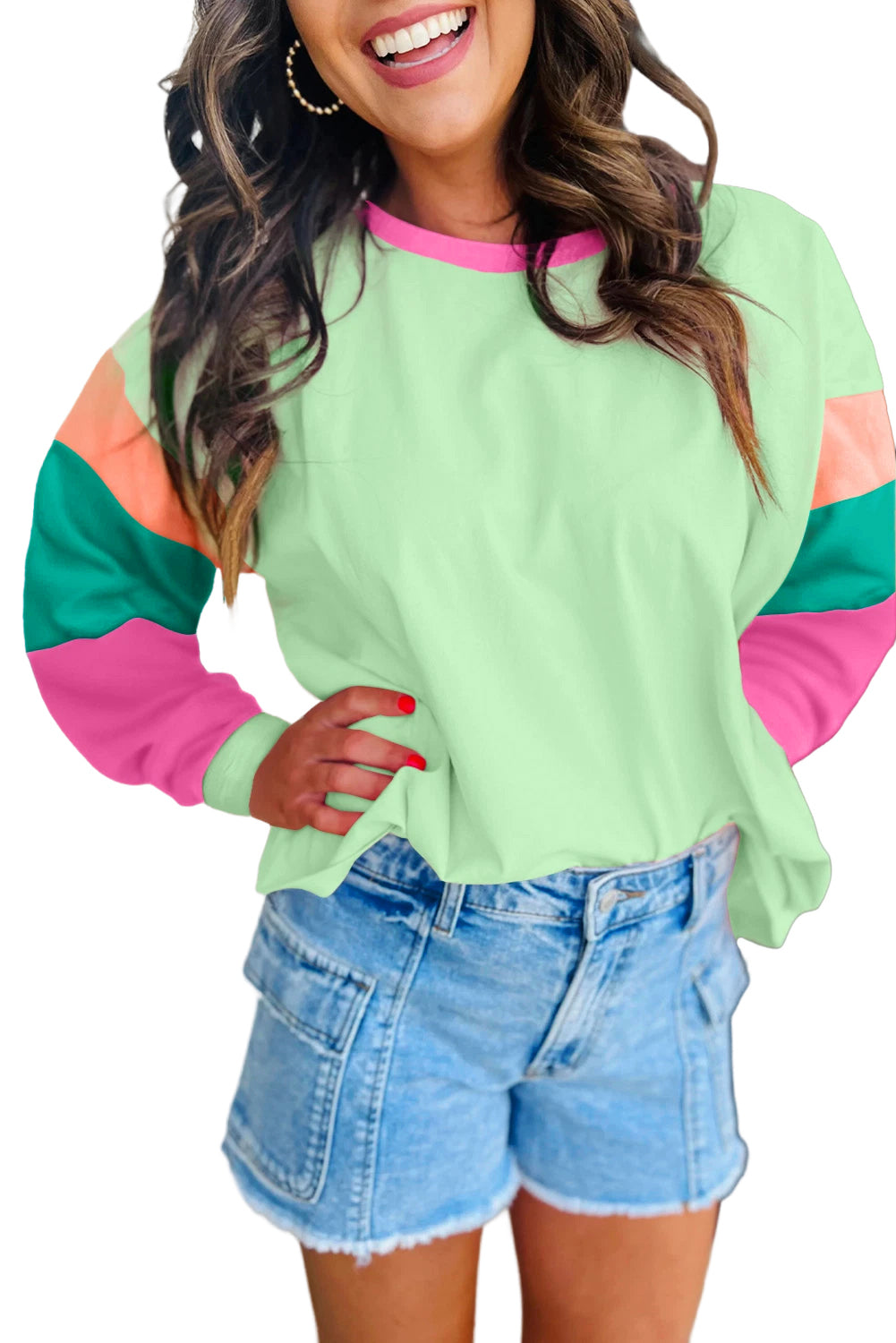 Green Colorblock Patchwork Long Sleeve Loose Top Long Sleeve Tops JT's Designer Fashion
