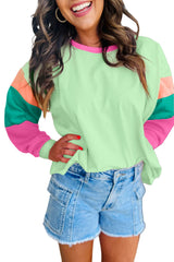 Green Colorblock Patchwork Long Sleeve Loose Top Long Sleeve Tops JT's Designer Fashion