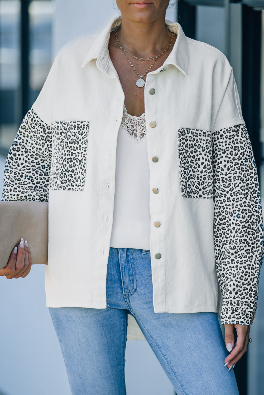 White Contrast Leopard Denim Jacket Denim Jackets JT's Designer Fashion