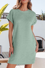 Grass Green Solid Color Textured Crinkle Short Sleeve T Shirt Dress T Shirt Dresses JT's Designer Fashion