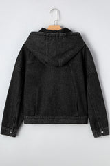 Black Big Chest Pocket Drop Shoulder Hooded Denim Jacket Denim Jackets JT's Designer Fashion