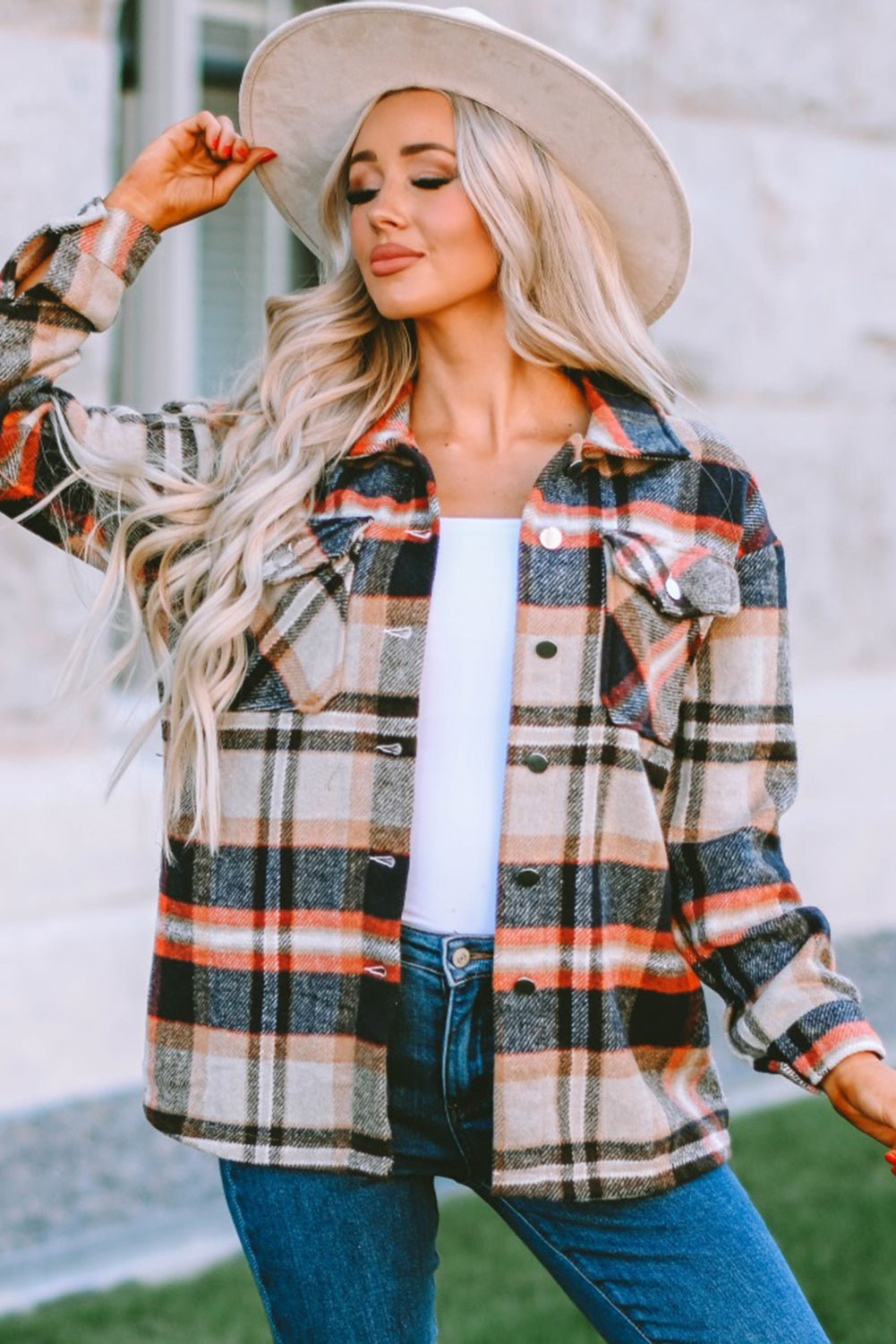 Khaki Geometric Plaid Print Pocketed Shacket Plaid Shackets JT's Designer Fashion