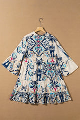 White Printed Tribal Bracelet Sleeve Buttoned Mini Dress Mini Dresses JT's Designer Fashion